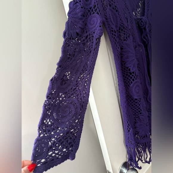 Laurel crochet purple long sleeve fringe open front with tie size large top knit - Picture 2 of 9